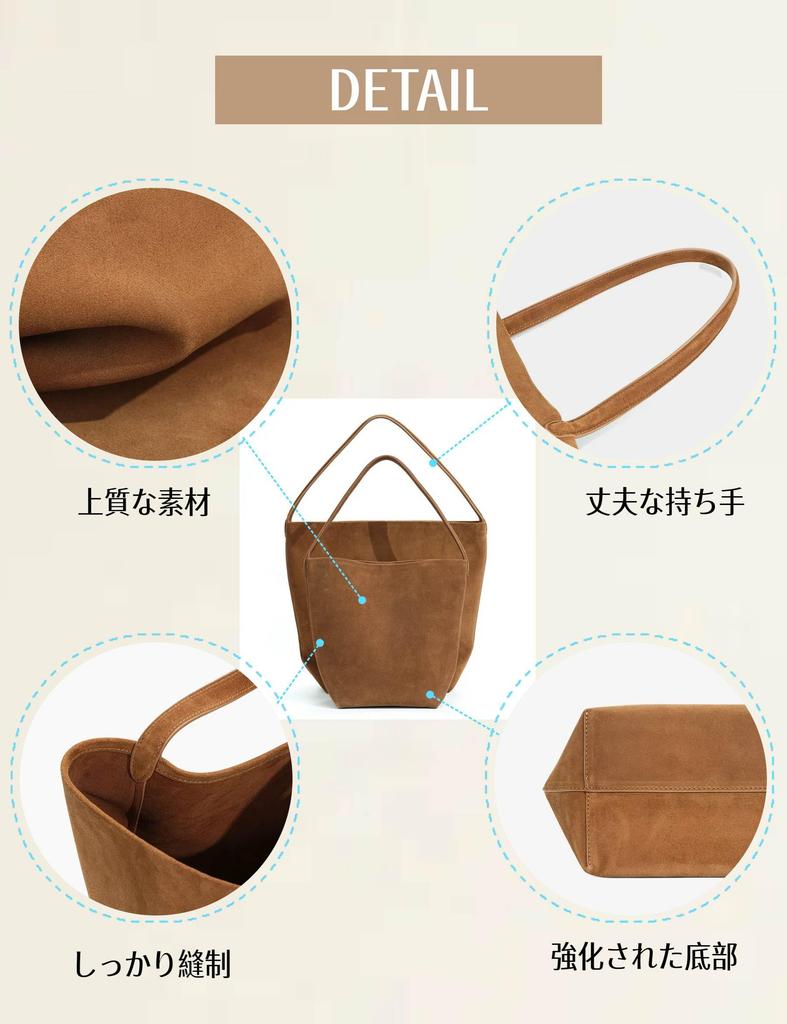 HIKKER-LINK Women's Genuine Leather Bucket Bag, Freestanding Bucket-Shaped Tote Bag, Large Capacity, A4 Size Storage, Multifunctional, Suede Bucket