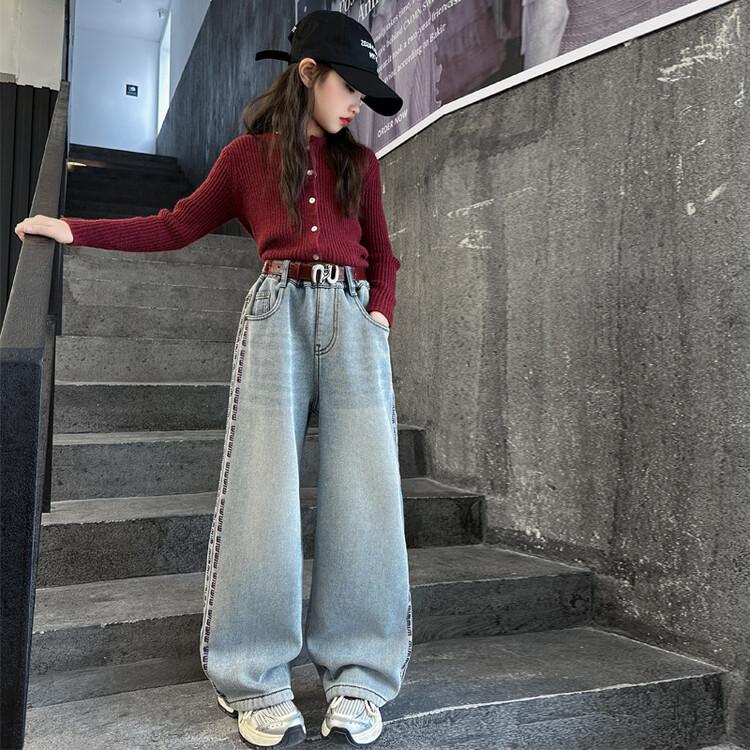 Girls' Jeans Korean Versatile Student Casual Straight Leg Pants Letter Embroidered Pants Wide Leg Pants
