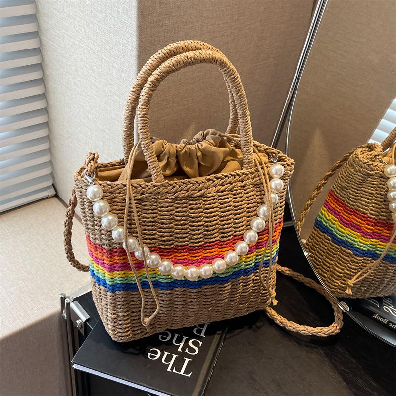 

New bucket bag, striped woven bag, casual straw bag, portable women s bag, fashionable and popular shoulder messenger bag. хаки