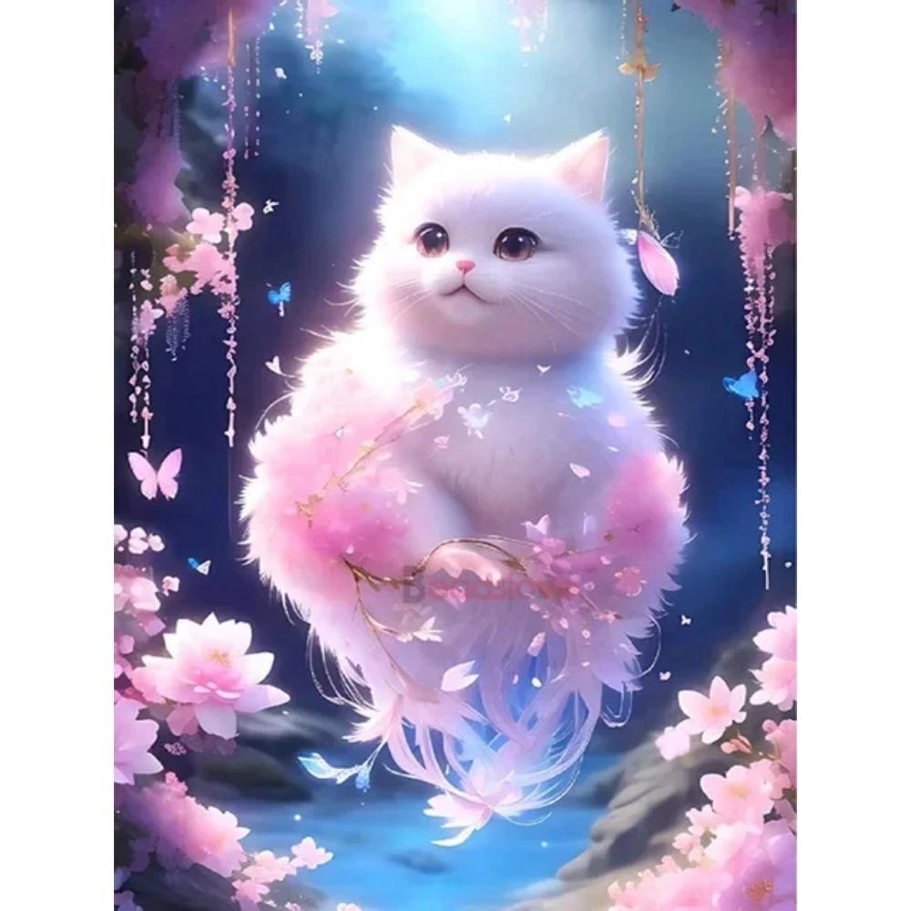 Pictura cu diamant Drill complet drăguț pisică albă pătrat rotund pictură cu diamant peisaj cu flori realizate manual Diy pictură cu mozaic cu diamante decorarea casei