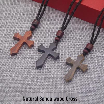 Sandalwood Cross Pendant Necklace for Couples - Long Sweater Chain Accessory, Mother’s Day Gift for Mom.