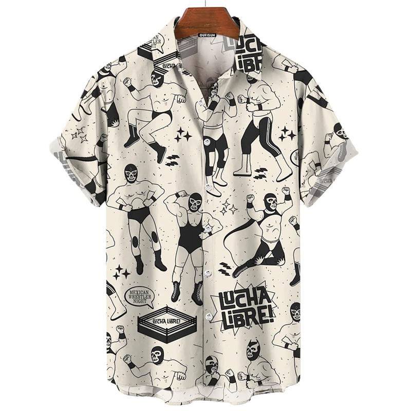 Hawaiian Shirt for Men Mexican Wrestling Print Men's Shirt Streetwear Fashion Summer New Short Sleeve Top Men's Trendy Clothing