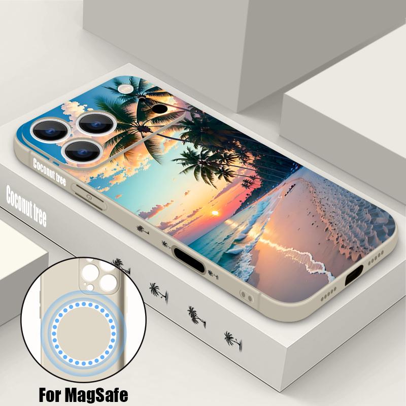 Magnetic For Magsafe Case For iPhone 17 Pro Max Seaside Coconut Print Soft Silicone Phone Back Cover For iPhone 16 15 14 13 Pro Max 16e 17e