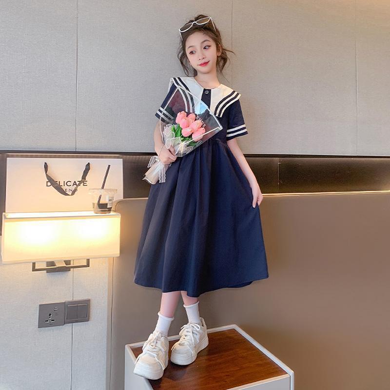 Girls Summer Preppy Knee-Length Dress for Elementary School