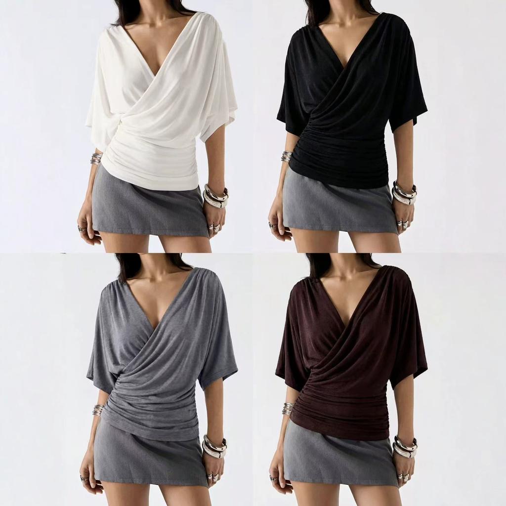 European and American new cross V-neck top, waist minimalist solid color short light commuter and thin bottoming shirt