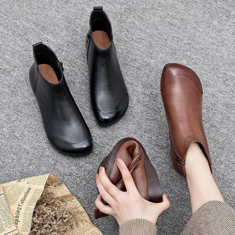 Spring Flat Women's Shoes 2025 Fashion Ankle Boots Retro Casual Plus Size Short Boots Zipper Solid Color Warm Flat Zapatos Mujer