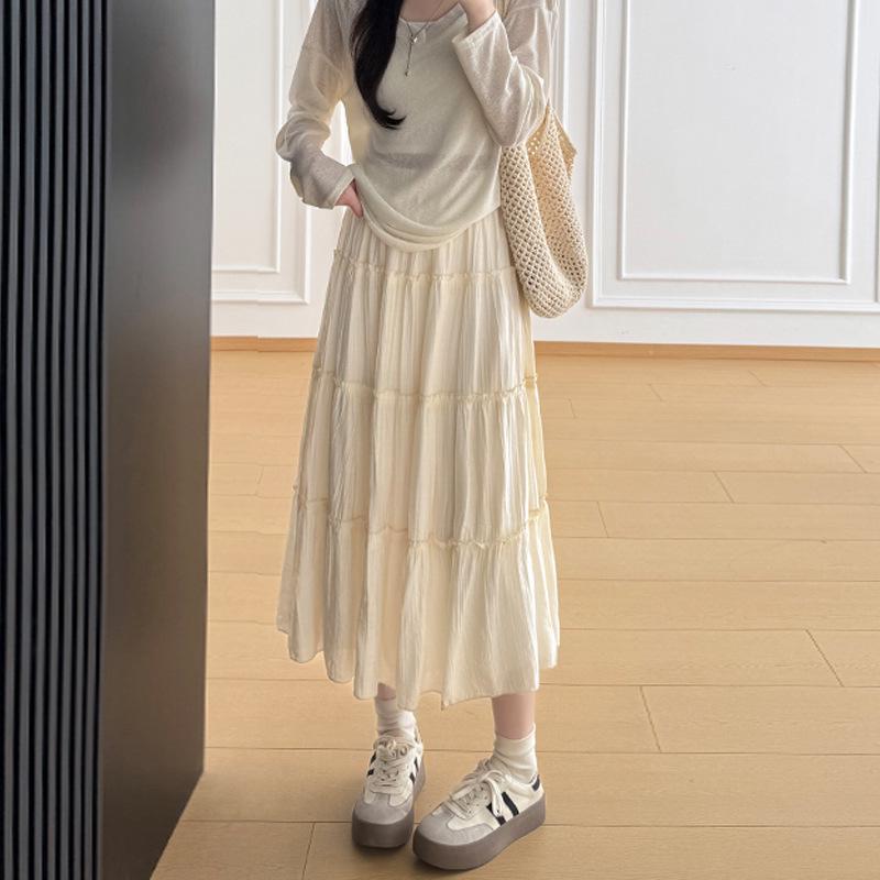 Korean Style High Waist A-line Ice Silk Pleated Skirt - Gentle Spring/Summer Skirt Extra Large бежевый