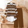 Geometric Pattern Print Two Piece Outfit Women Long Sleeve Irregular Hem Tunic Top Wide Leg Pants Casual Matching Set