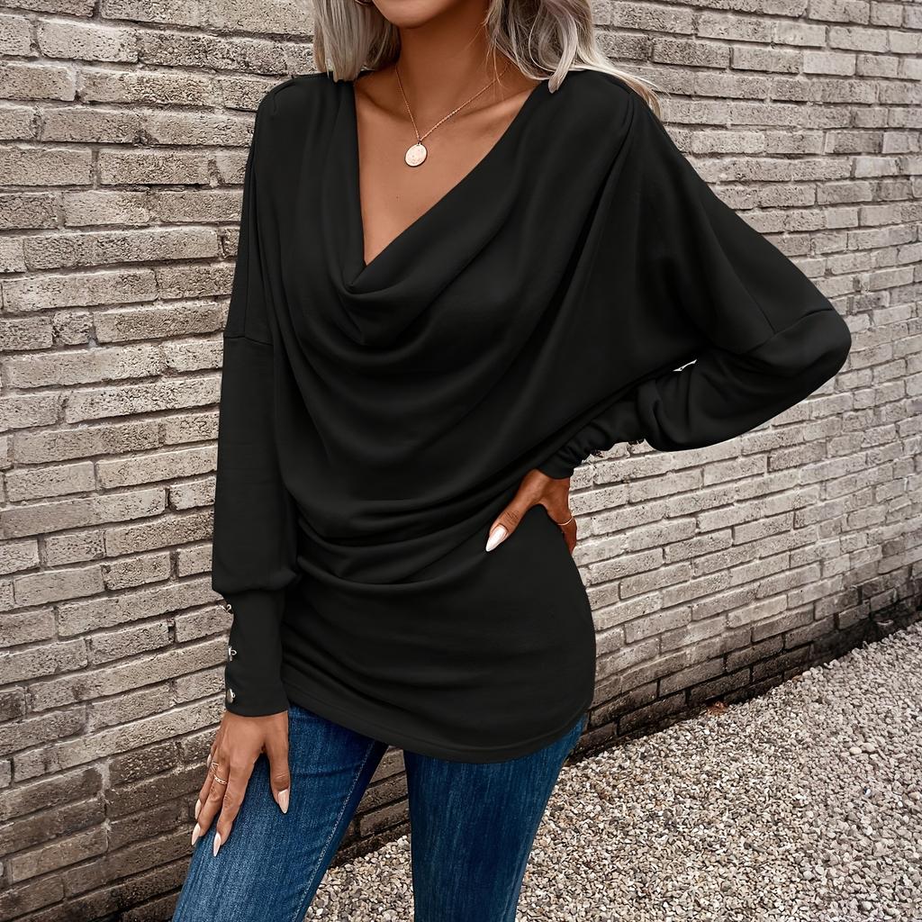 Women's Fashion Solid Color V-neck Long Sleeved Casual Pullover Base Shirt T-shirt Top