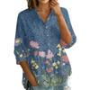 Women's Button Front Shirt Vintage Floral Print Three Quarter Sleeve Loose Fit Collar Top Casual Blouse