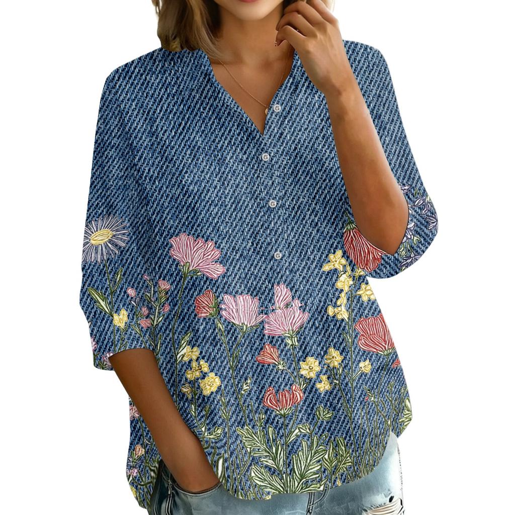 Women's Button Front Shirt Vintage Floral Print Three Quarter Sleeve Loose Fit Collar Top Casual Blouse