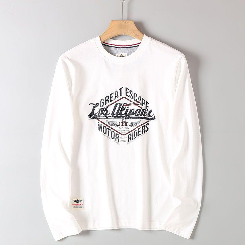 Foreign Trade Export Cattle Goods Overplus Order Cotton Washed Sanding Print T-shirt Men s Spring and Autumn Loose Long sleeve Bottoming Shirt Fashion White L