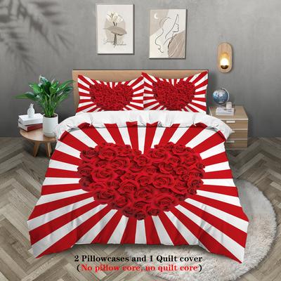 Ensemble 3 pièces de housse de couette imprimée motif rose cœur rouge (Ensemble 1 pièce + 2 taies d'oreiller, sans garniture) ensemble de literie pour couple