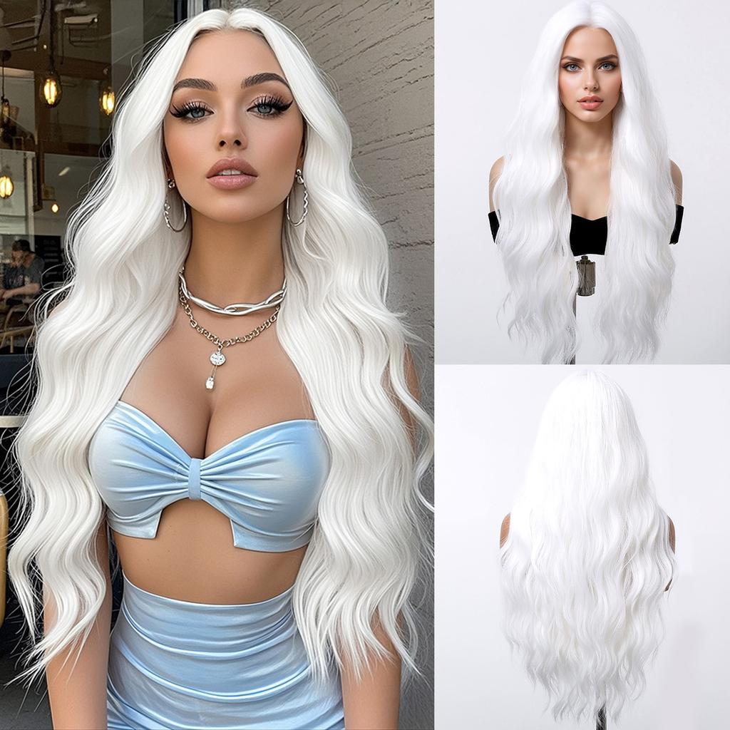 Long Curly Silver White Synthetic Wavy Wig Medium Part Water Wave Wigs For Women Daily Cosplay Halloween Colorfull Fake Hair