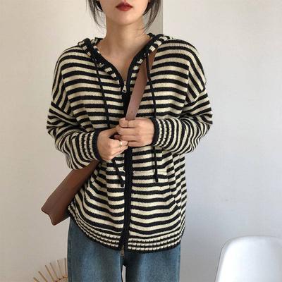 Damen Frühlings-/Herbst-College-Stil Gestreifter Kapuzen-Reißverschluss-Pullover Locker geschnitten, Entspannter Strick-Cardigan Langarm Taschen Außenteil Sweatshirt