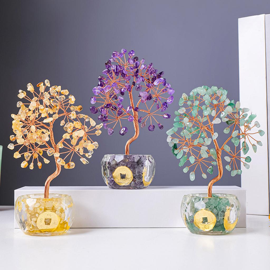 Multicolor Crystal Potted Tree Crystal Stone Wealth Tree Figurine for Positive Energy and Fortune Wealth Success