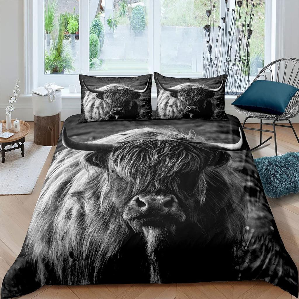 Highland Cow King Queen Duvet Cover Bull Bedding Set For Adults Cattle 2/3pcs Quilt Cover Farm Animal Polyester Comforter Cover