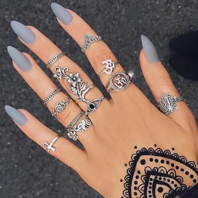 12 Pcs/Set Boho Rose Flower Elephant Cross Ancient Rings Set for Women Party Jewelry