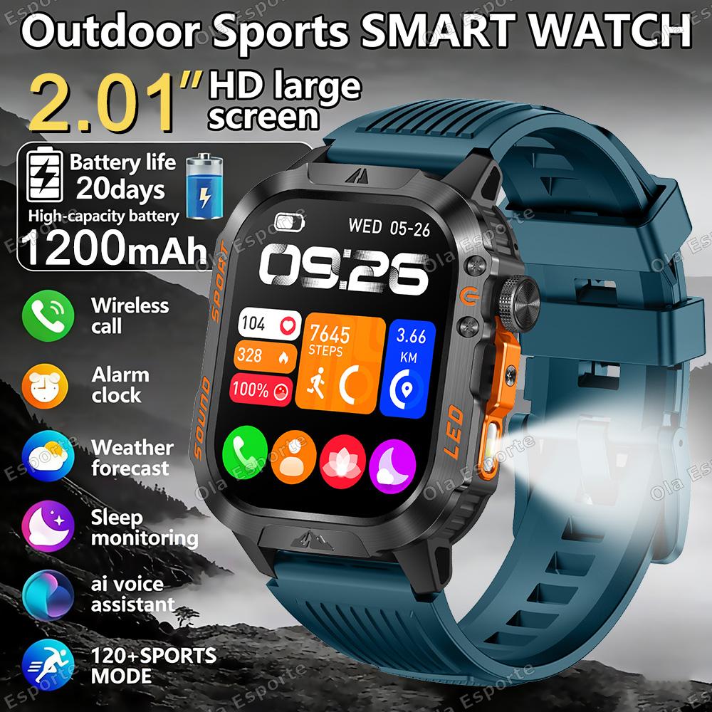 1200mAh Military Outdoor Smartwatch Men LED Flashlight Waterproof GPS Track Sports Watch 2.01-inch BT Call Smart Watch HT30
