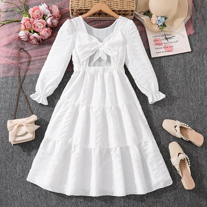 Jenteklær 2025 Høst Ny Fe Langermet Chic Sløyfe Midilengde Kjole