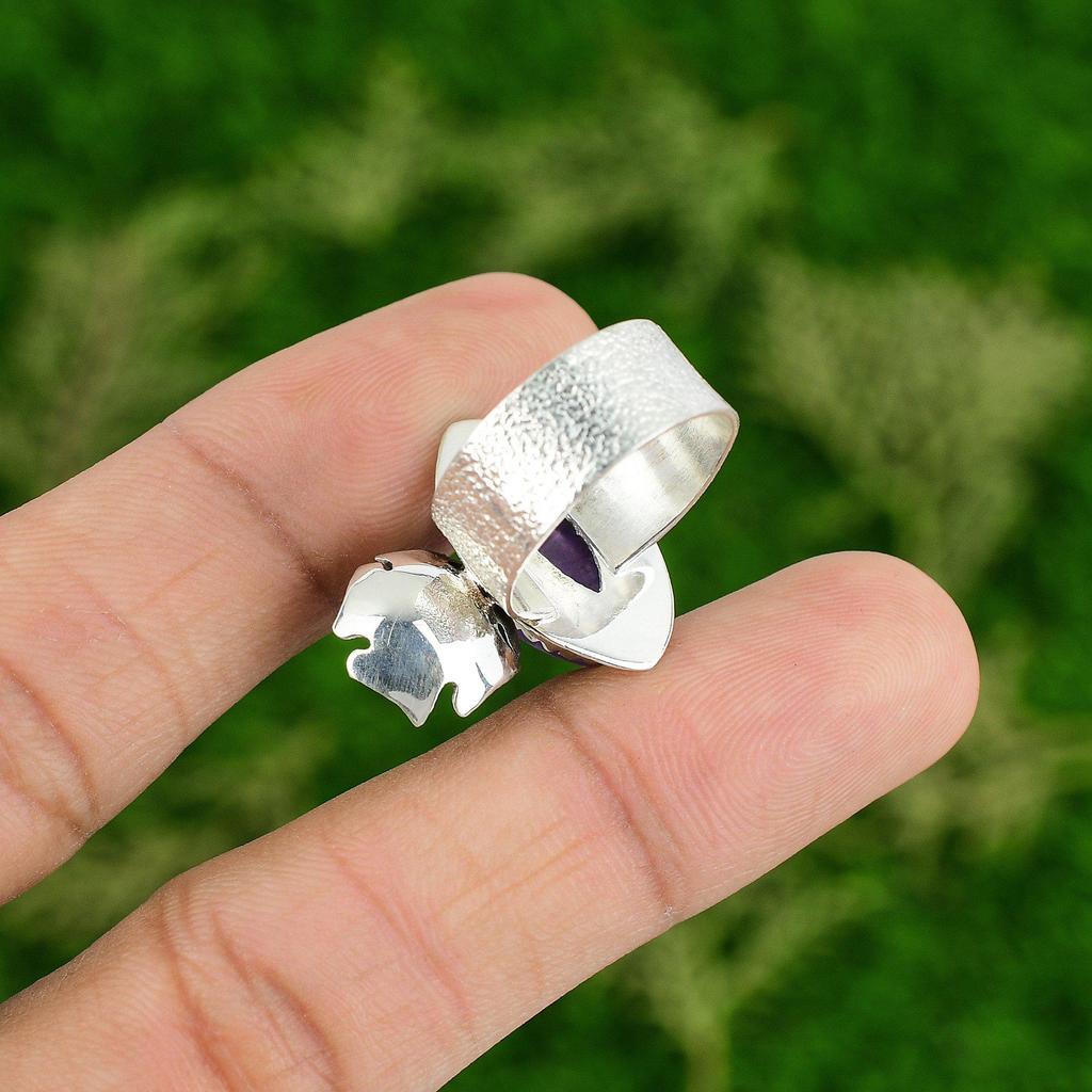 Natural African Amethyst Statement Flower Ring Size 7.25 925 Silver For Women