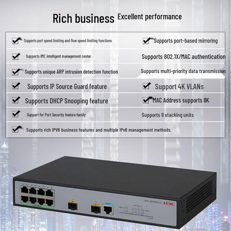 H3C S5008PV6-EI-HPWR 8-Port Gigabit PoE+ Managed Switch