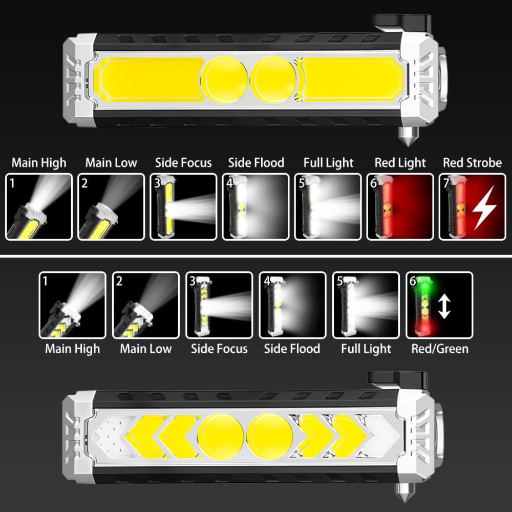 Portable COB Working Light Magnetic Flashlight Type-C Rechargeable Flashlight Multifunction Lamp with Hook Safety Hammer Torch