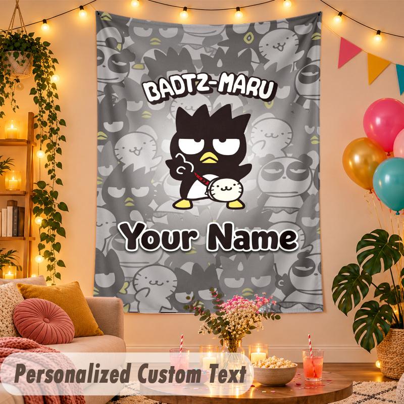 Badtz-Maru Personalized Wall Tapestry Custom Name Text Polyester Hanging Decor Home Room
