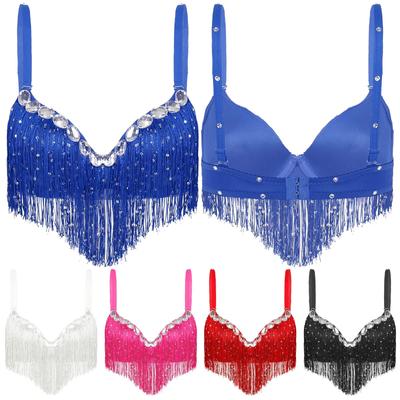 Bauchtanz-Clubwear für Damen für Erwachsene, Push-Up-BH, lateinamerikanische Pailletten, Quaste, Strass-BH-Tops, heißes Party-Club-Performance-Kostüm