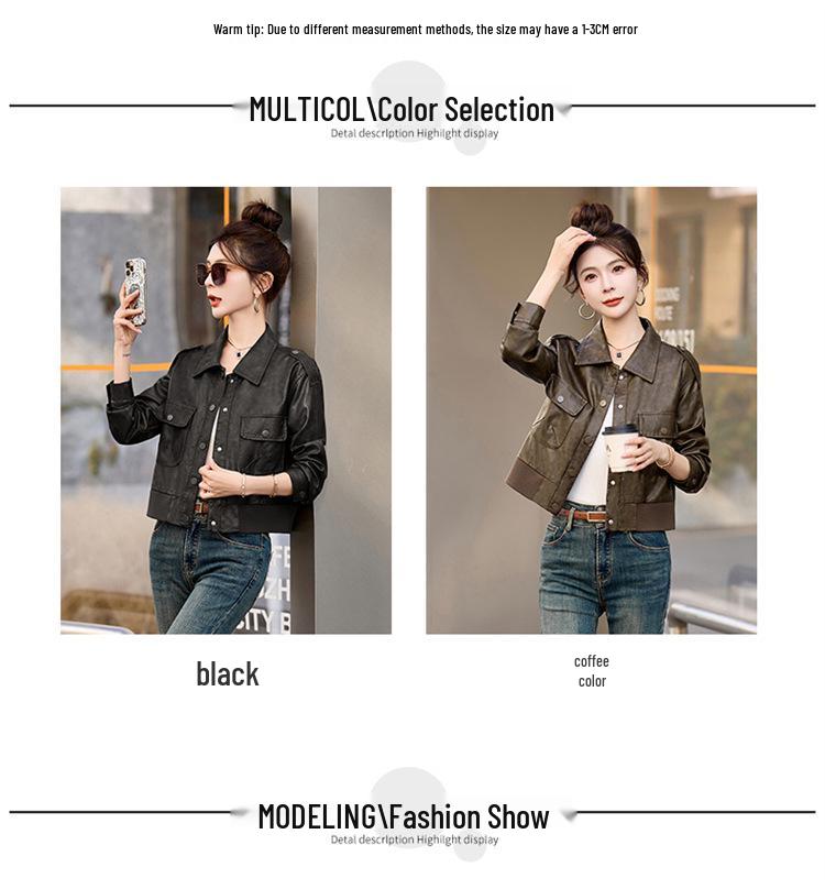 Women's Retro Genuine Leather Motorcycle Jacket, Spring/Autumn 2025 Fashion, Solid Color, Loose Fit, Short Style.