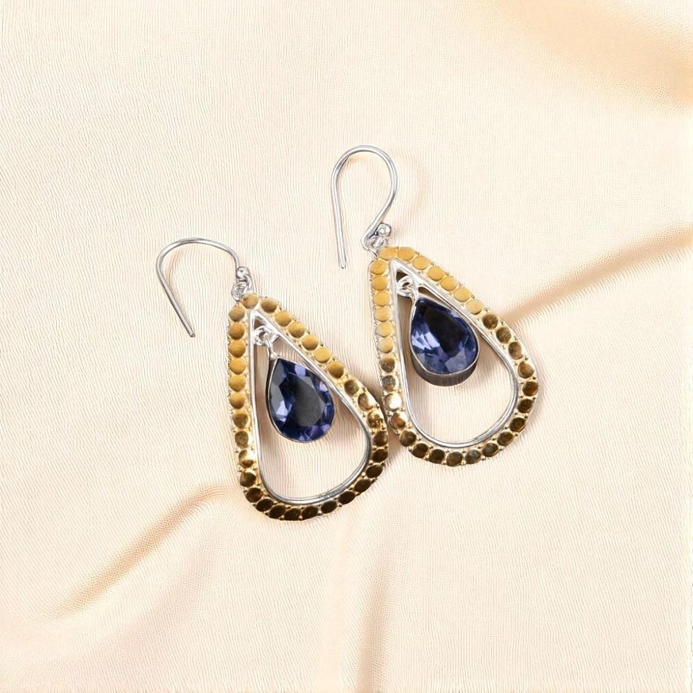 Iolite Gemstone 925 Sterling Silver Jewelry Handmade Earrings 2.27" Gift For Mom EE-82-6
