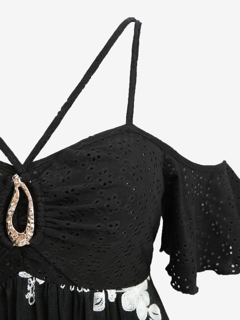 Rosegal Plus Size Pointelle Hollow Out Jacquard Buckle Decor Strappy Floral Embroidered Handkerchief Top