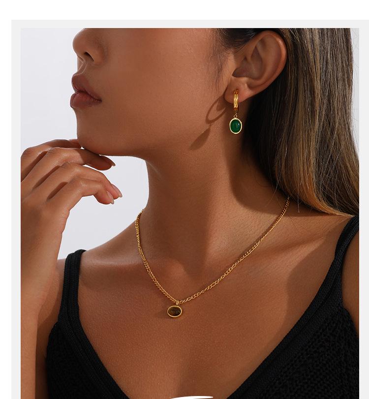 18K Gold Tiger Eye Oval Necklace & Earrings Set - Elegant French Clavicle Jewelry for Women