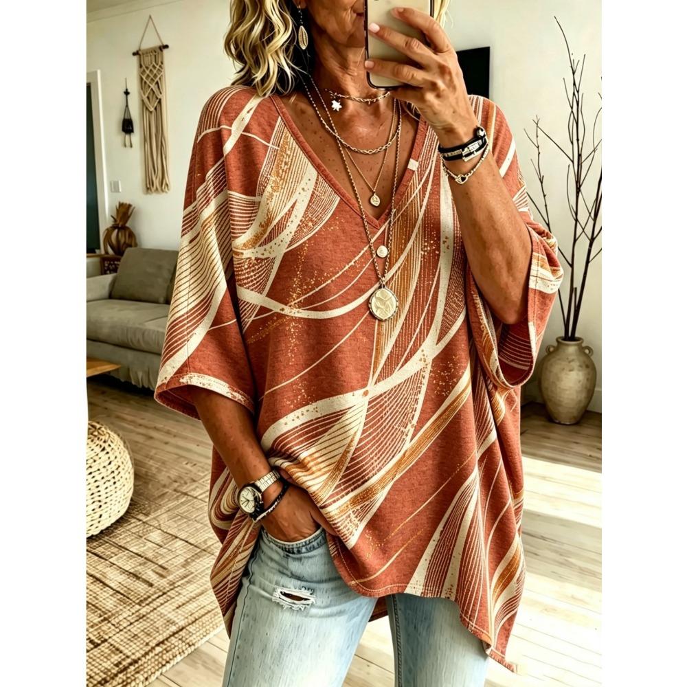 Plus Size - Women's Abstract Gold Line Print Oversized V-Neck Pullover, Bat Wing Short Sleeve Loose Shirt