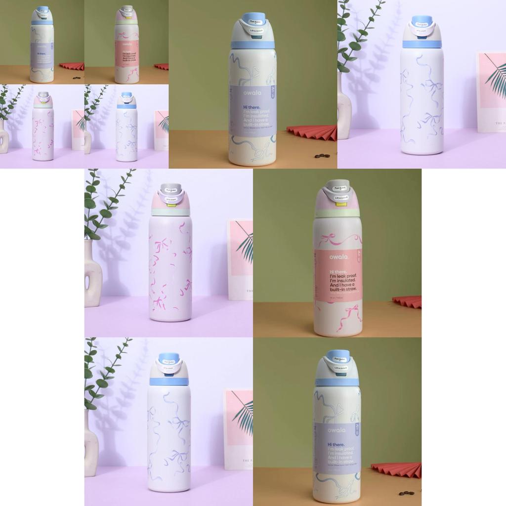 Ribbon Bow Pattern Print Insulated Water Bottle With Dual Drink Lids For Outdoor Sports