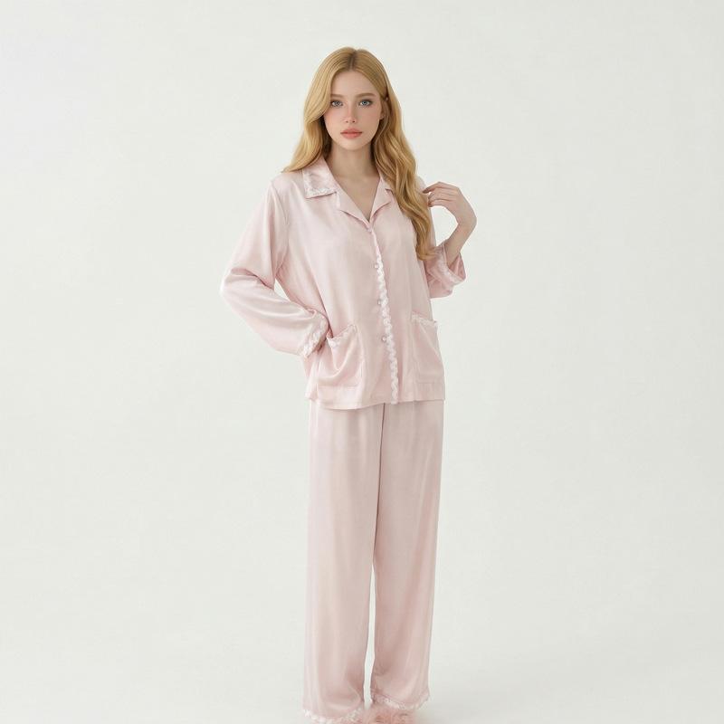 Ice Silk Pajamas Women's Spring and Autumn New Simulated Silk Long-sleeved Cardigan Set, Seasonal High-end Simple Solid Color Loungewear