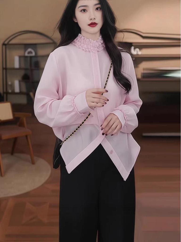 2026 Spring/Summer Ruffled Lace Stand Collar Pink Long Sleeve Shirt