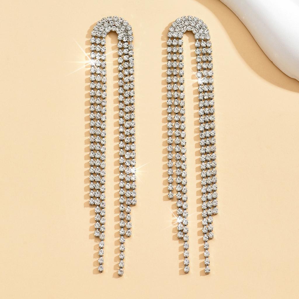 European and American Diamond-encrusted Metal Long Fringed Earrings Women's High-end Studs, Niche Temperament Earrings