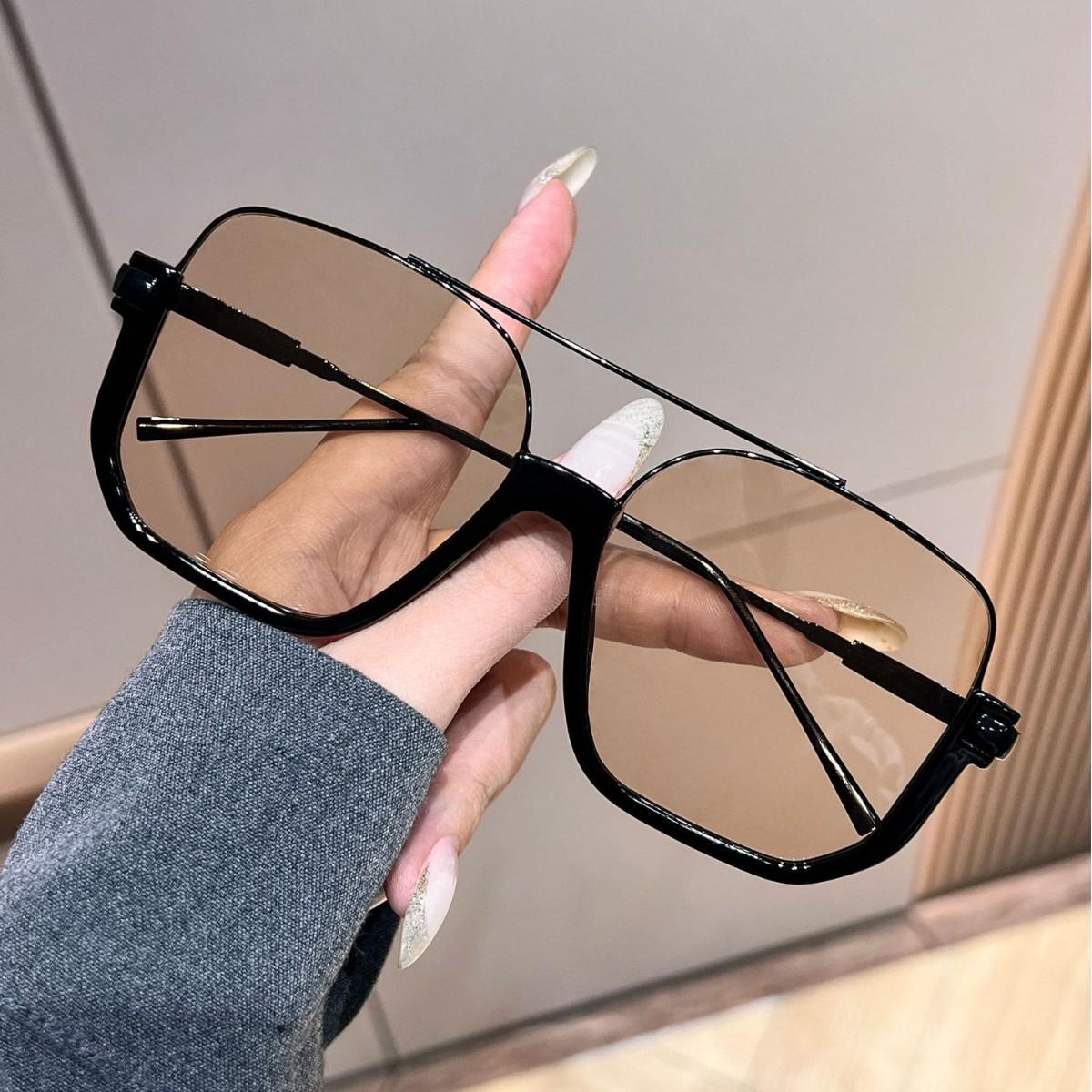 No makeup double beam large frame anti-blue light retro glasses ins lower half frame square sunglasses female Internet celebrity street sunglasses
