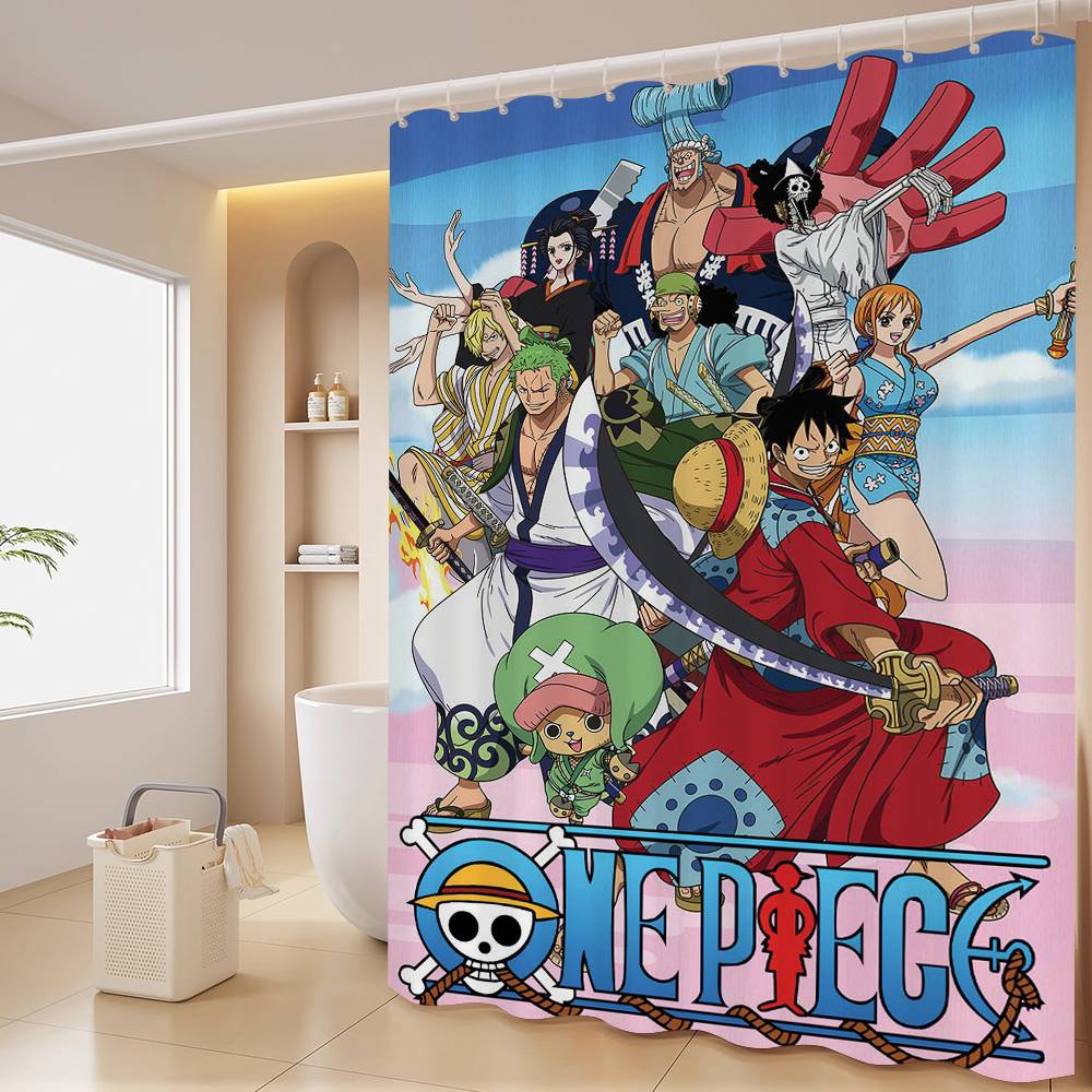 Anime O-ONE P-PIECE Shower Curtain Outdoor Scenery Summer Vacation Bathroom Decor Holiday Polyester Bath Curtain With Hooks