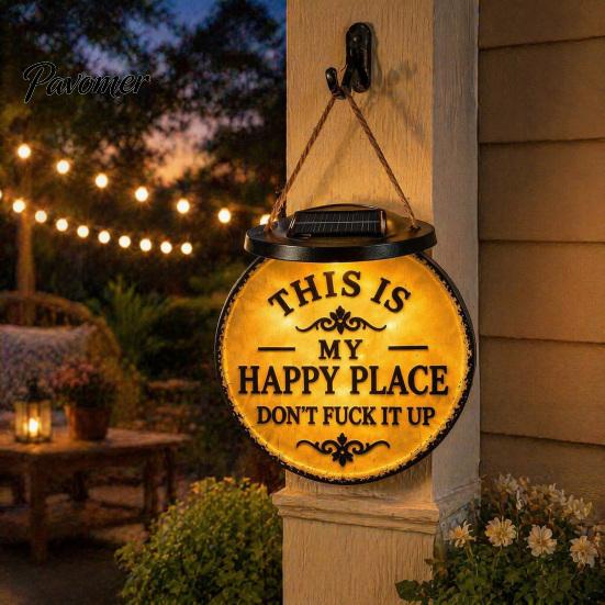 Durable Outdoor Decorative Pendant Luminous Funny Garden Sign, "This Is My Happy Place" Solar Vintage Decor, Farmhouse Cute Light for Patio Wall Art,