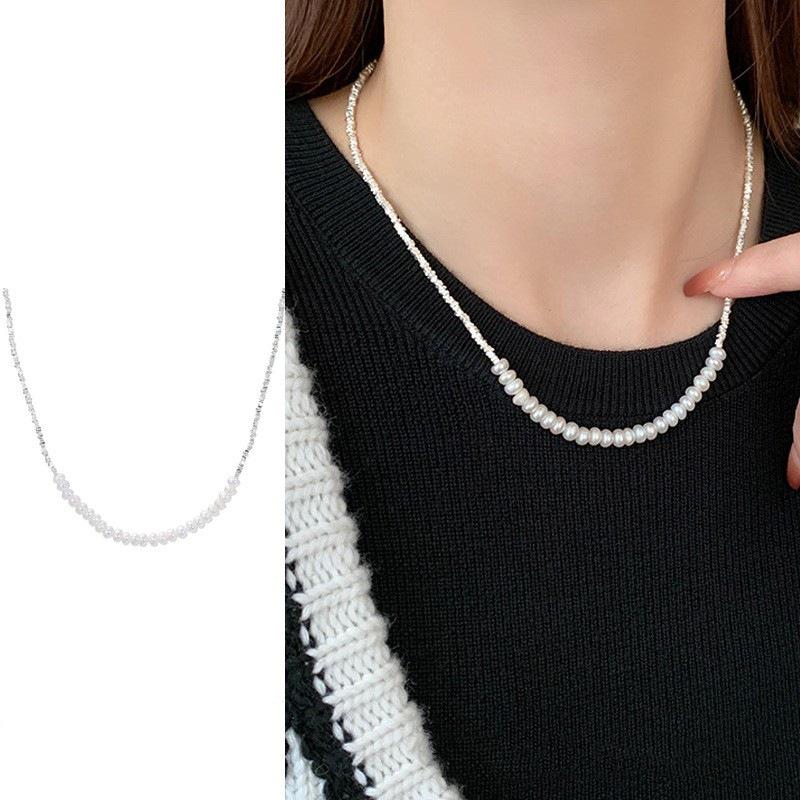 Geometric Silver Fragment Pearl Necklace - Women s Elegant Retro French Style Clavicle Chain