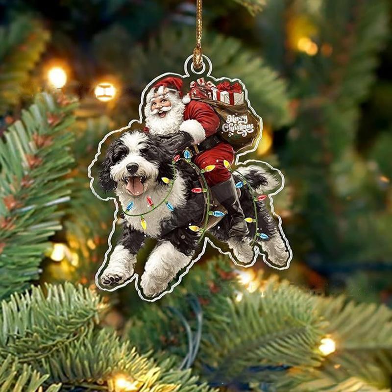 2026 Santa Claus And His Funny Dog Ornament 2D Flat Acrylic Pendant Christmas Decoration For Home Xmas Tree  Year Kerst