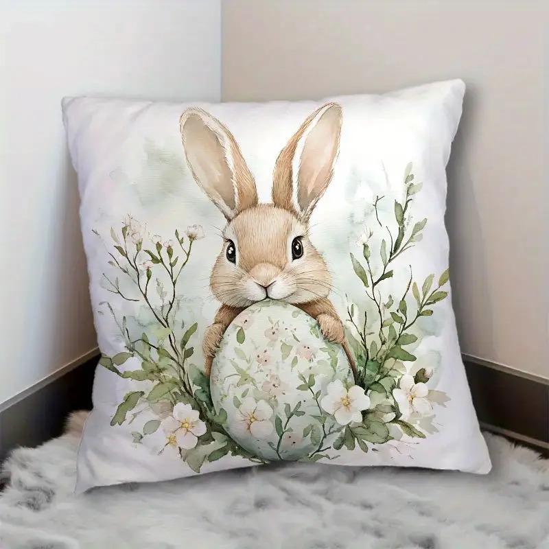 Easter Bunny Floral Egg Pillow Cover Watercolor Spring Decor Soft Microfiber For Sofa Bed Living Room Easter Home Decor Gifts