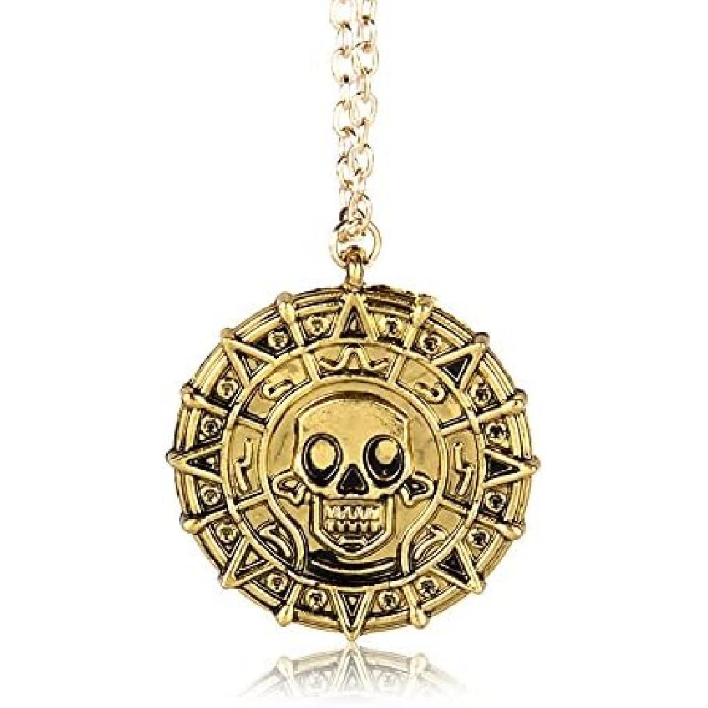 Round Gold Coin Skull Necklace Pendant Dress Accessory Movie Pirates of The Caribbean Medal Necklace Retro Jewelry старого золота