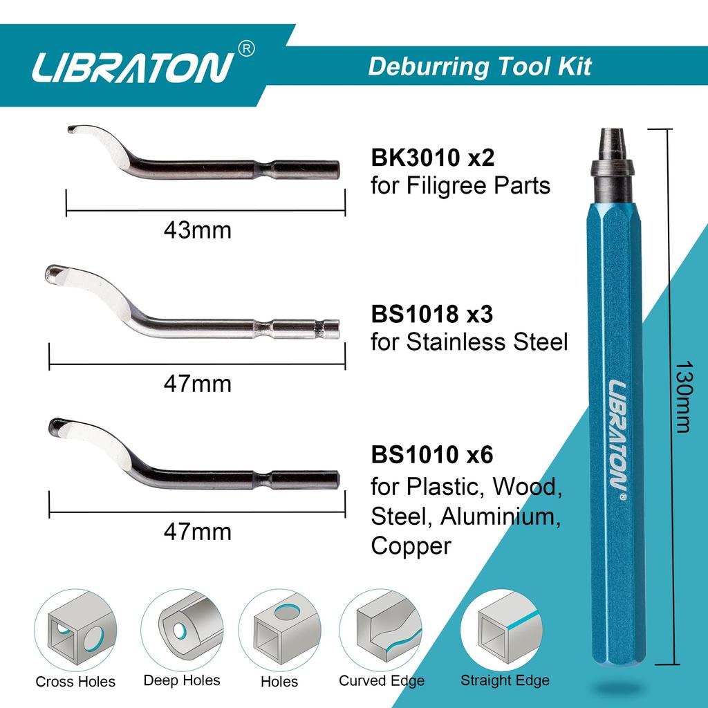 LIBRATON Deburring Rotary Reamer 11-Piece Set with Replacement Blades (BS1010, BS1018, BK3010) for Deburring Aluminum, Iron, Plastic, Wood, and More.