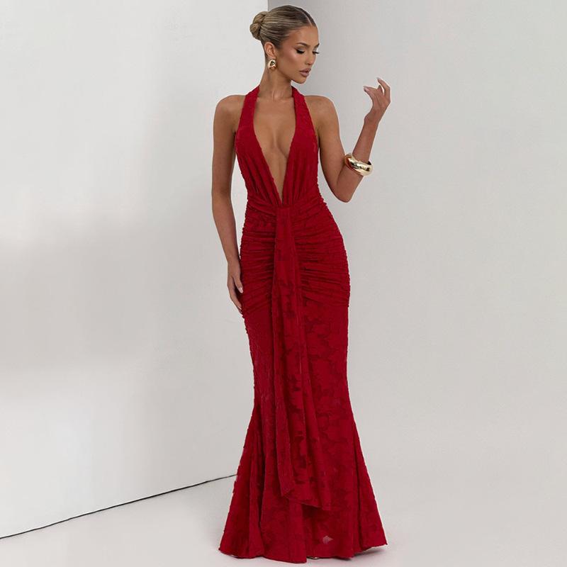 

Sexy deep V backless hip dress European and American style new lace-up pleated Spice Girl fishtail dress S красный