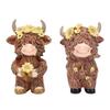 Flower Highland Cow Statue Cute Small Animal Figurines for Home Garden Kitchen Office