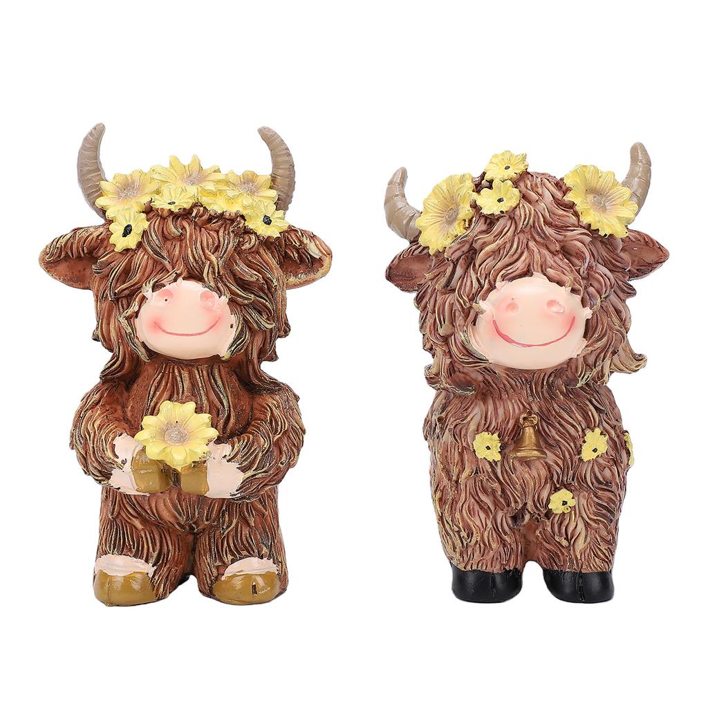 Flower Highland Cow Statue Cute Small Animal Figurines for Home Garden Kitchen Office