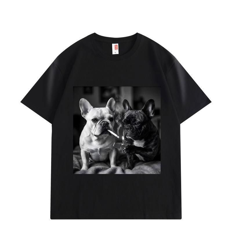 

French Bulldog Smoking Funny Meme Graphic T Shirts Men Women Fashion Vintage Short Sleeve T-shirt Summer Cotton T-shirts S